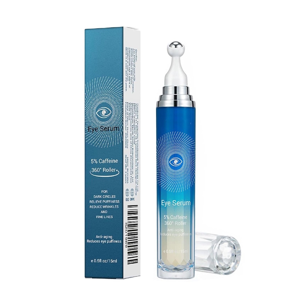 5% Kofeina Oko Serum, Anti-Aging Under Eye Roller Cream for Dark Circles Puffness Zmarszczki i cienkie linie, Koreański EyeCare Cream z 360 ° Masaż Ball, EyeBags Leczenie dla mężczyzn i kobiet