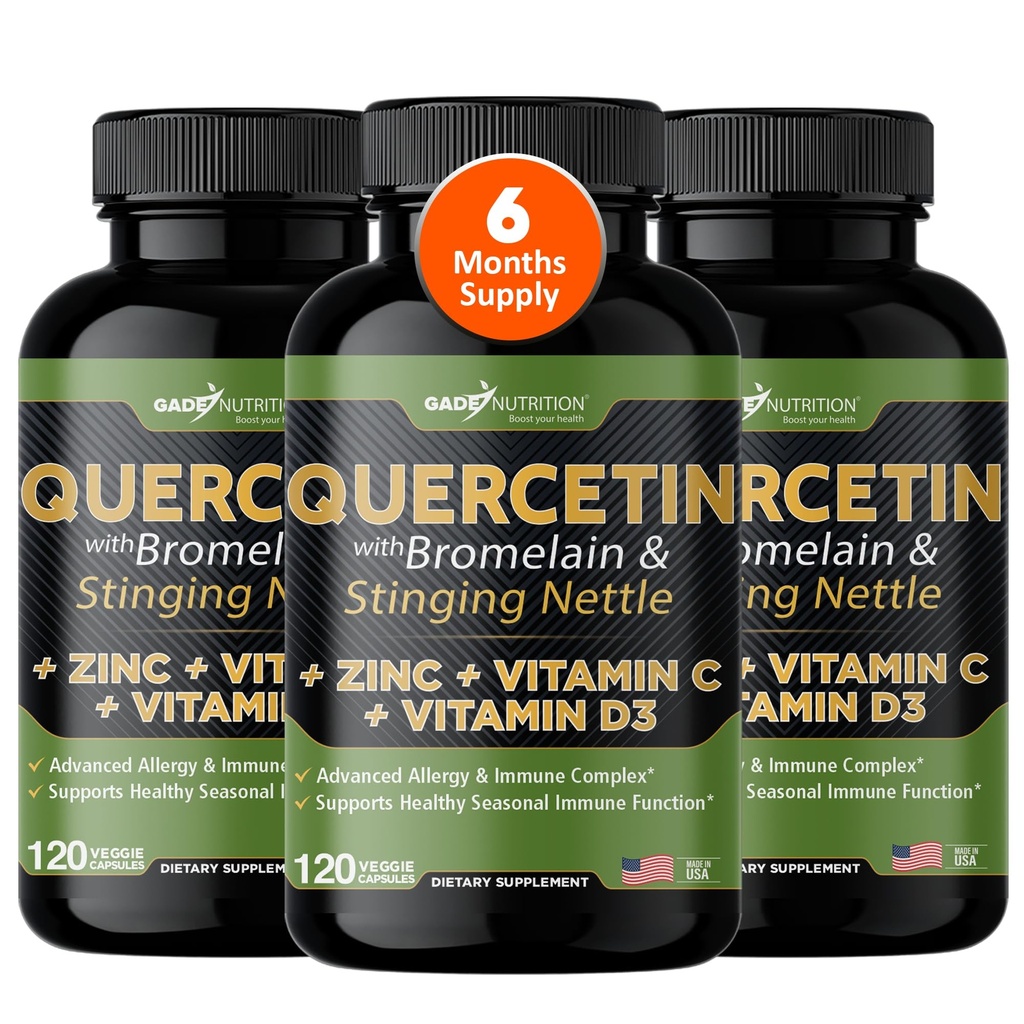 Gade Nutrition Quercetin z witaminą C, Cynk i Stinging Nettle - Nettle Quercetin - Quercetin 500mg - Quercetin z bromelainem - Cynk Quercetin + Witamina D3- 360 Veggie Caps - 6 Miesiące Dostawy