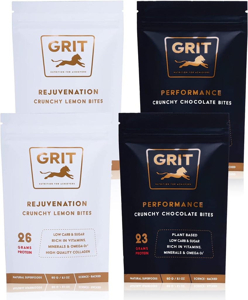 Nutrition Bites Sampler Pack XI124; 23- 26g Protein XI124; High Energy Pre- Workout and Joint Support Supplements XI124; Muscle- Building and Endurance XI124; Gluten Free, Keto, No Soy XI124; GRIT Superfoods (60g, 4 pack)