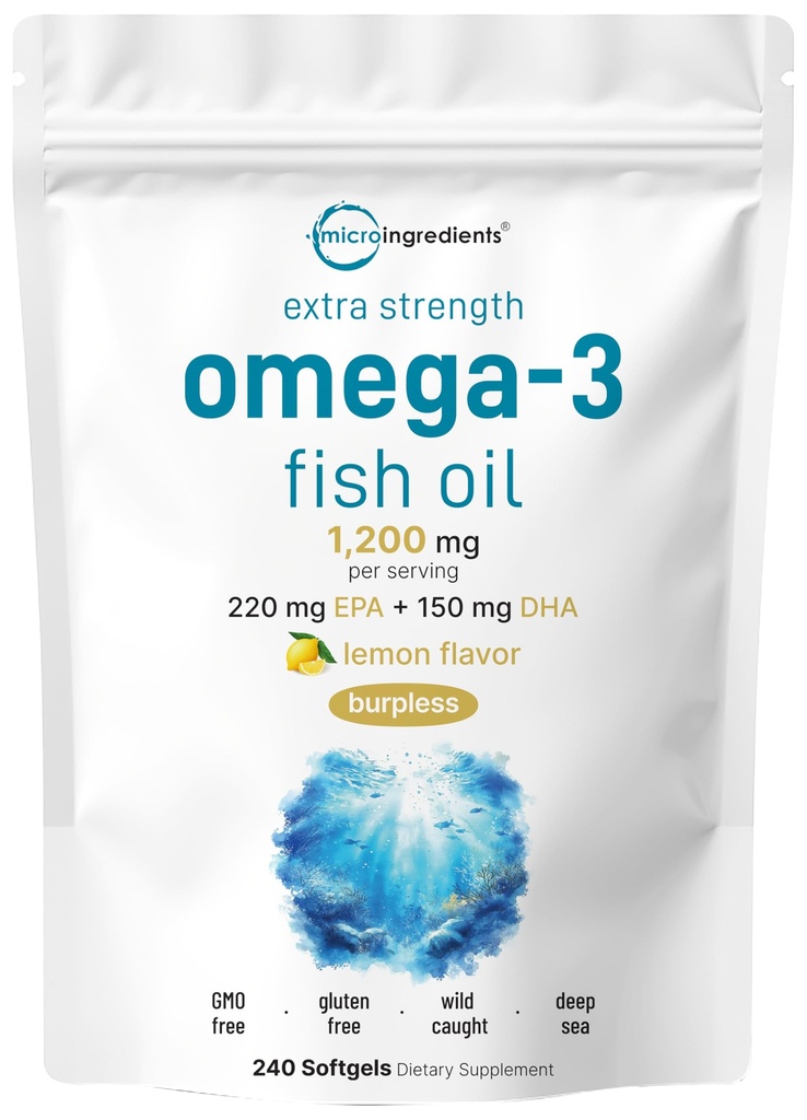 Micro Składniki Ekstra Siła Omega 3 Suplementy oleju rybnego na Podawanie, 240 Softgels 124; Lemon Flavored 124; Bezwładniająca 124; Esencjalne Kwasy tłuszczowe 124; EPA 220mg + DHA 150mg Par 124; Ryby głębinowe