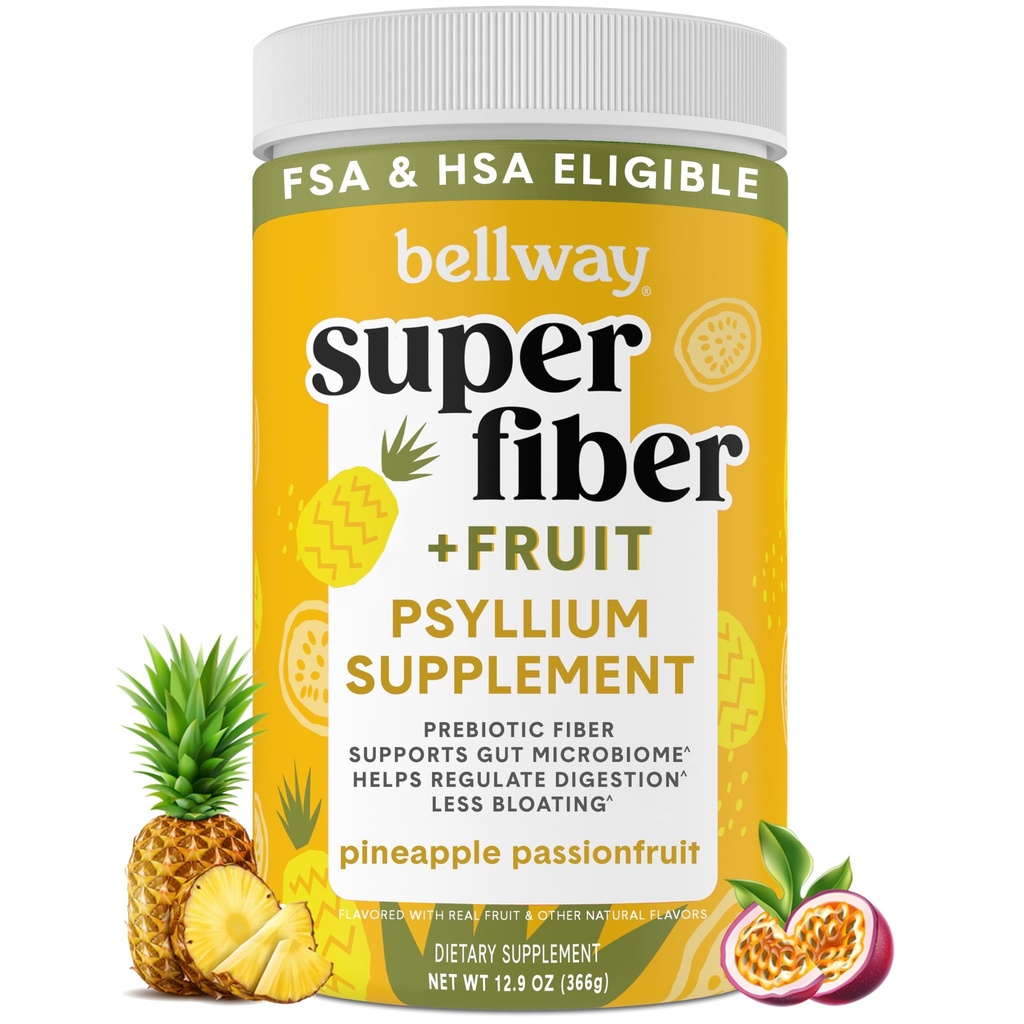 Bellway Super Fiber Proszek + Owoce, Bez cukru Organic Pyllium Husk Powder Suplement Fiber do Regularności, Bloating Relief & Digestive Health, Plant-Based, Ananas Passion Fruit (50 Służenia)