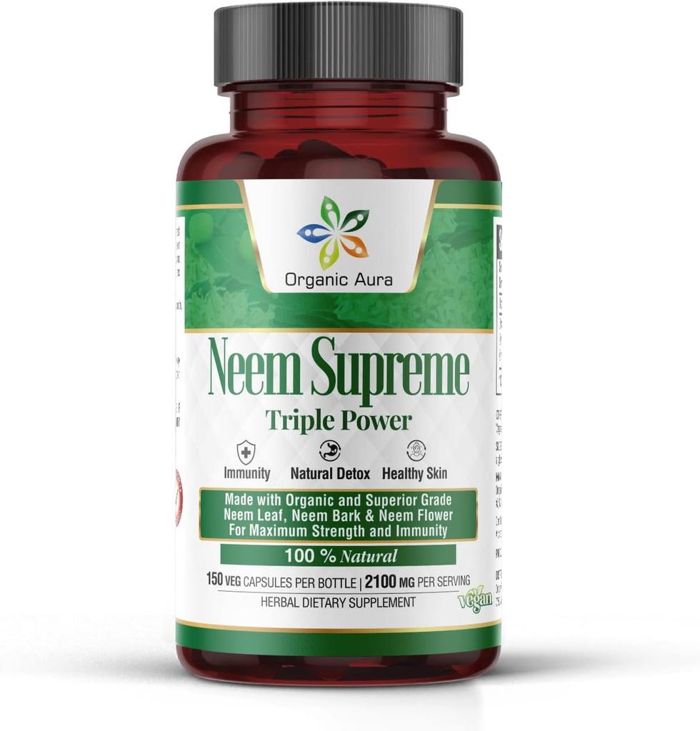 Organic Aura Neem Supreme Capsules. 150 kapsułek Veg. Triple Complex - Max Siła Czysta mocna Azadirachta Indica kapsułki. Naturalny przeciwutleniacz, Zdrowie skóry, Ogromne wsparcie odporności.