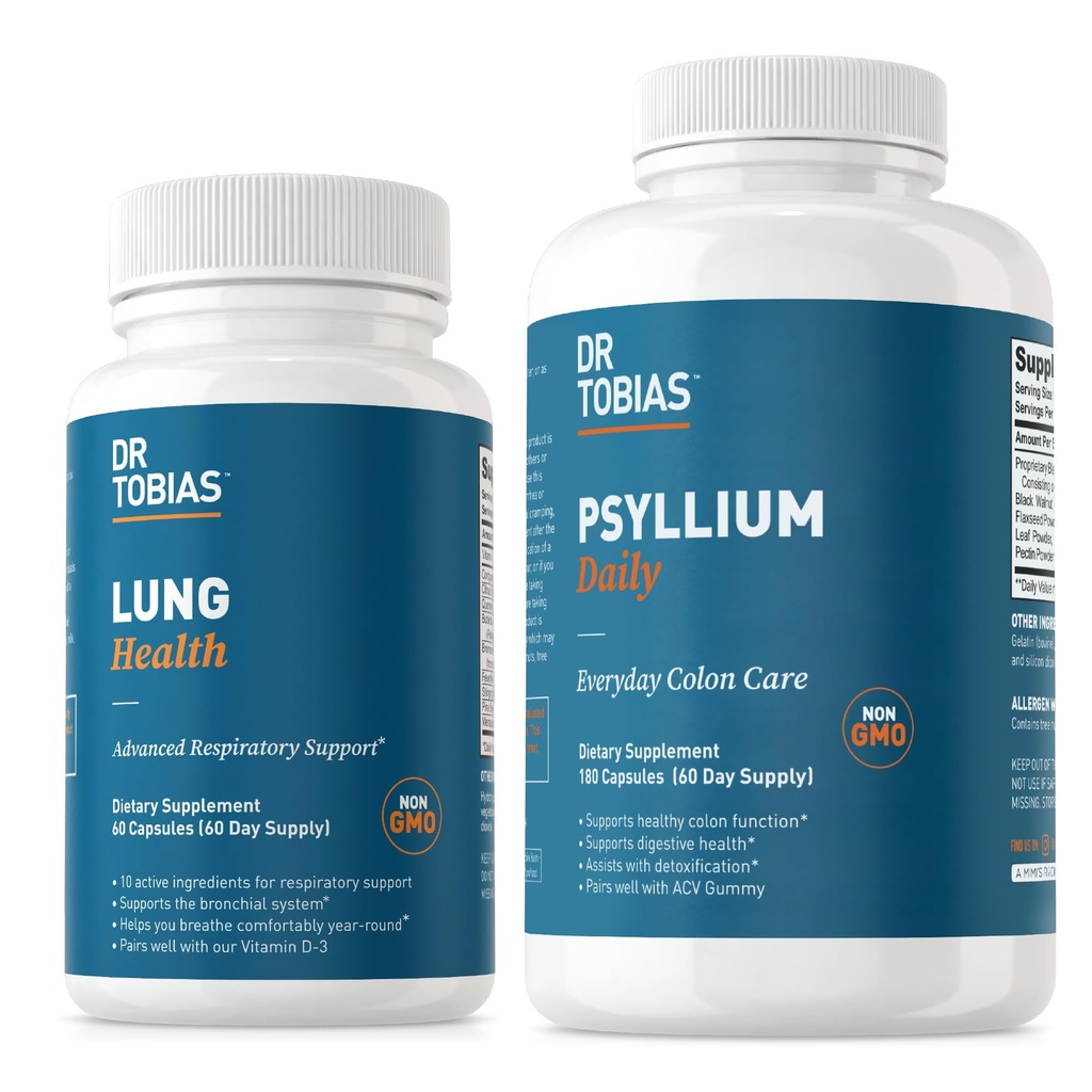 Dr Tobias Lung Health & Psyllium Daily Supplements, Lung Cleanse & Detox Formuła, Wspiera zdrowe Bowel Movements z Pyllium Husk, Witamina C, Butterbur, Quercetin, Daily Fiber i suplement Lung