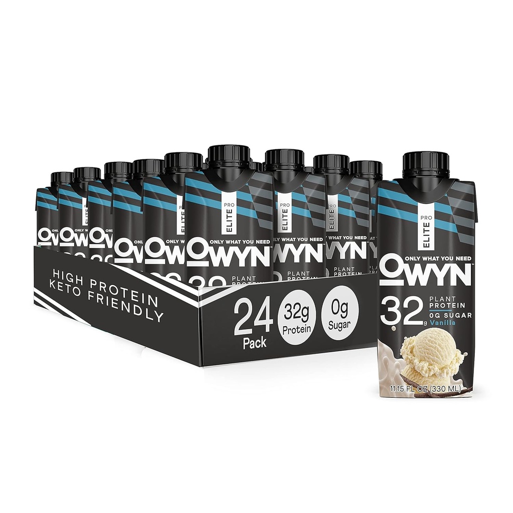 OWYN Pro Elite Vegan Plantan- oparte na wysokiej protein Shake, Vanilla, 24-Pack, 32g białka roślin, Prebiotyki, Superfoods Zielone do treningu i odzyskiwania, 0g Węglowodory netto, Zero cukru, Keto (24 Pack)
