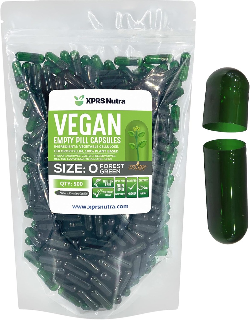 XPRS Nutra Rozmiar 0 Puste kapsułki - 500 Hrabia Puste kapsułki wegańskie - Wegetariańskie tabletki - DIE Kapsułki warzywne Napełnianie - Kapsułki Veggie Pill dla Do- It- Yourself Supplements (Forest Green)