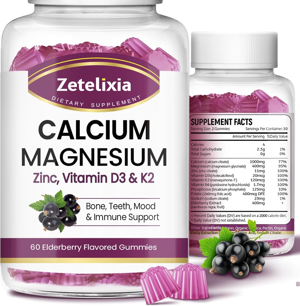 Gummeje wapniowe z D3, suplement magnezu wapnia z glicynatem, potas, witamina D3 & K2, i całe naturalne pożywienie dla kości i wsparcia immunologicznego- 120 Gummy Elderberry Flavor