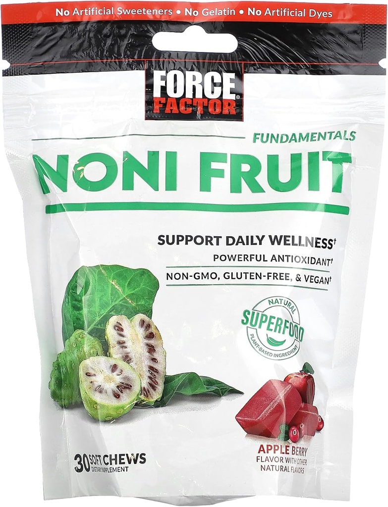 FORCE FACTOR Noni Fruit Chews for Immunity and Skin Health Support, Noni Juice Supplement, Plant- based Antioksydant Superfood Chews, Gluten- Free, & Vegan, Apple Berry Flavor, 30 Soft Chews