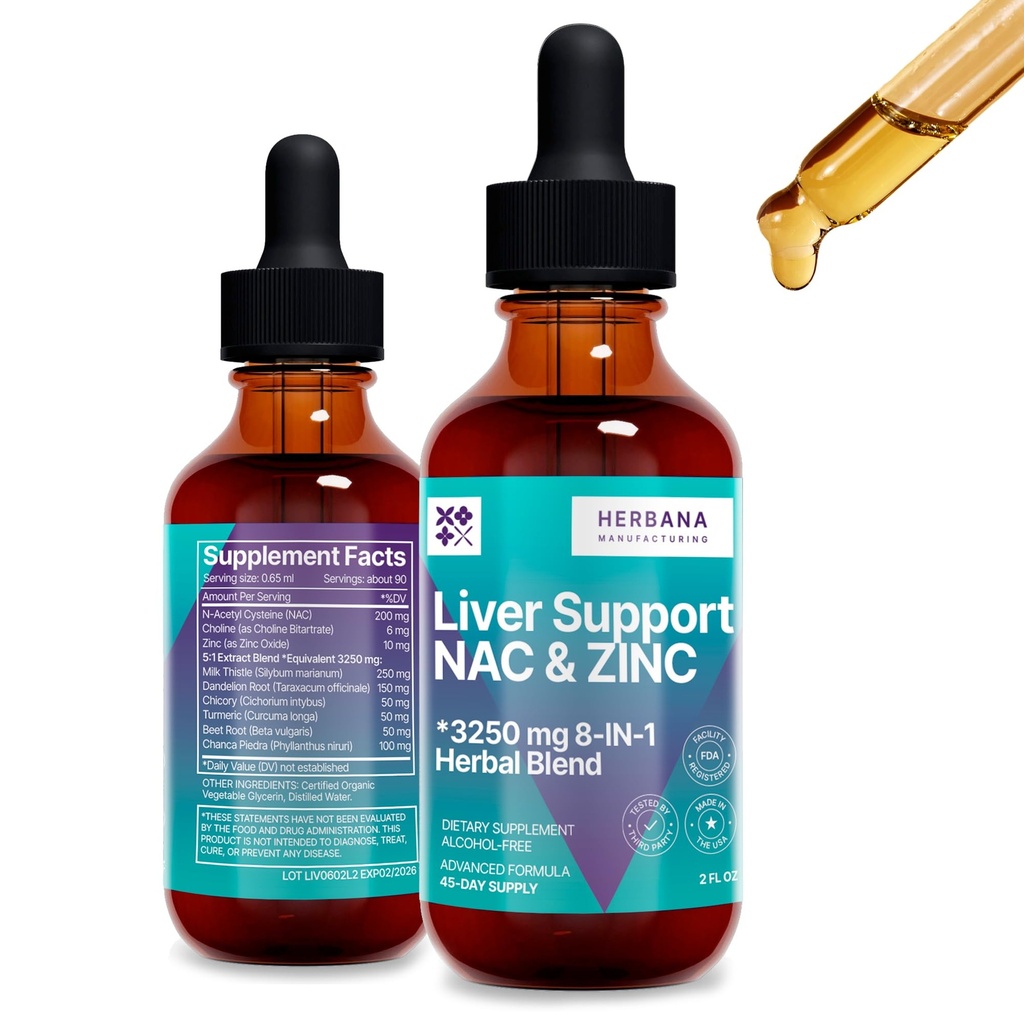 Liver Support & NAC, Cynk - 2 fl oz płynne krople z mlekiem Tistle, Dandelion Root, Chicory, Turmeric, Beet Root, Chanca Piedra - Wątroba Cleanse & Detox Suplement