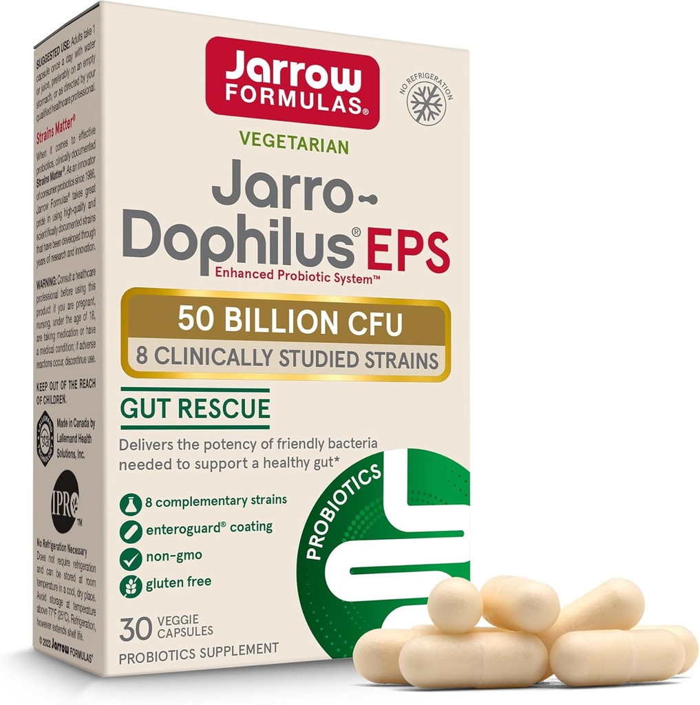 Jarrow Figuras Jarro- Dophilus EPS - 50 Miliard Organizmów na Serving - 30 Enteric Coated Veggie Caps - Multi- Strein Probiotic - Zdrowie jelitowe i immunologiczne - Do 30 Służenie