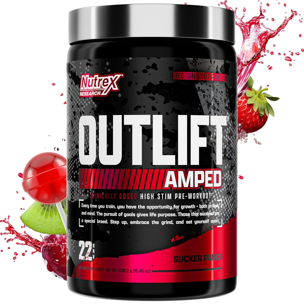 OUTLIFT Ampled Max Dased HIGH STIM Pre Workout Powder, 6G Citrulina, 3.2G Beta Alanina, Alpha GPC, CognatiQ, Ekstremalna Energia, Masywne pompy, Siła, Elektrolity, Nootropiki, Owoce Punch, 22 Słupy