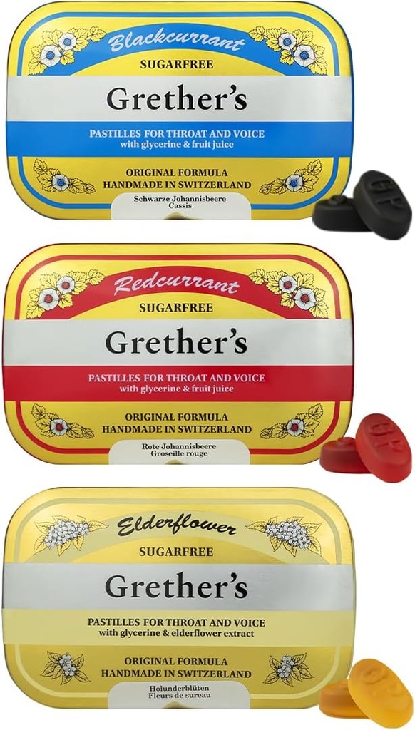 GRETHER 's Sugarfree Pastilles Blackcurrant, Elderflower & Redcurrant - Prezent dla piosenkarzy - Natural Remedy for Dry Mouth Relief - 2.1 oz (Pack of 3)