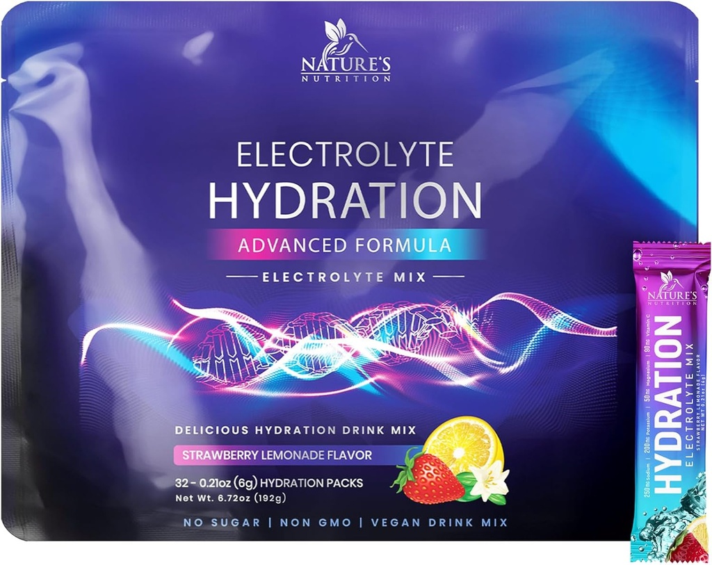 Electrolytes Hydration Pakiety - Keto Recovery w proszku z potasu, magnezu, sodu, cynku i witaminy C, bez cukru, Hydration Electrolyte Liquid Drink Mixes, Wegan, Truskawki (32 Pack)