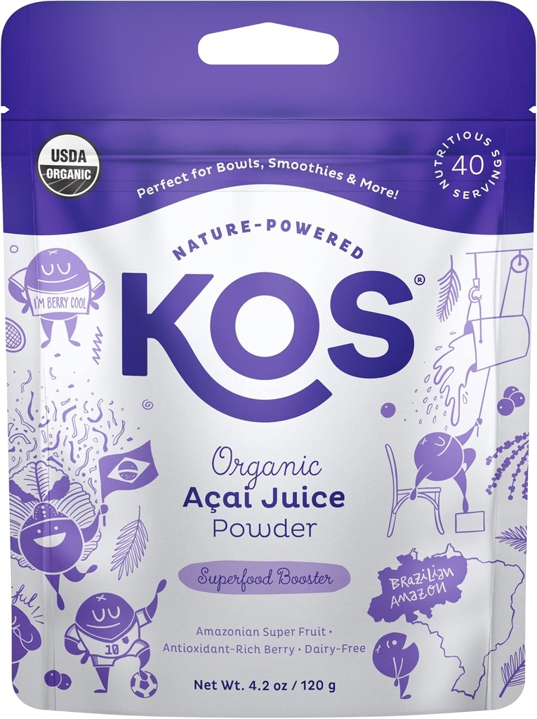 KOS USDA Organic Acai Proszek, Niesłodzony Superfood - Naturalny przeciwutleniacz, Acai Berry dla Smoothies i Bowls - Polyphenol Abundant, Gluten- Free, Non-GMO, Przyjazny dla klimatu Resealable Bag, 40 Służenia