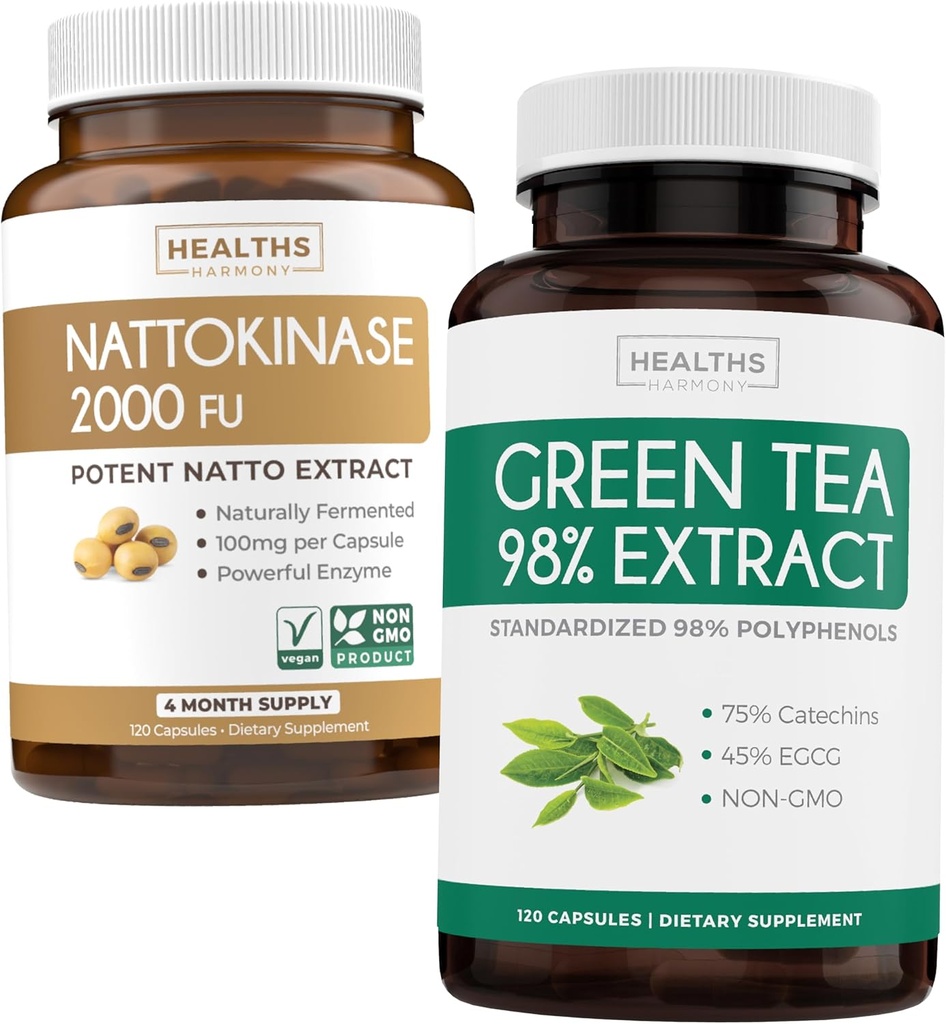 Nattokinase & Green Tea (2- Month Supply) Green Vitality Boost - Nattokinase 2000 FU Potężny naturalnie fermentowany Soybeans -120 Caps & Green Tea Extract 98% z EGCG (Non-GMO) Naturalny boost metabolizmu