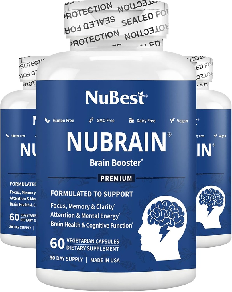 NuBrain - Advanced Brain Booster - Poprawianie pamięci, ostrości i jasności z witaminą B6, Ginkgo Biloba, Bacopa Monnieri & More - Suplement mózgu dla mężczyzn i kobiet - 3 Pack Activity 124; 3 Meths Supply