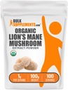 BulkSupplements.com Organic Lion 's Mane Mushroom Extract Powder - Lions Mane Supplement Powder, Superfood for Well- Being - Wegan, 1 g na Serving, 100g (3.5 oz) (Opakowanie po 1)