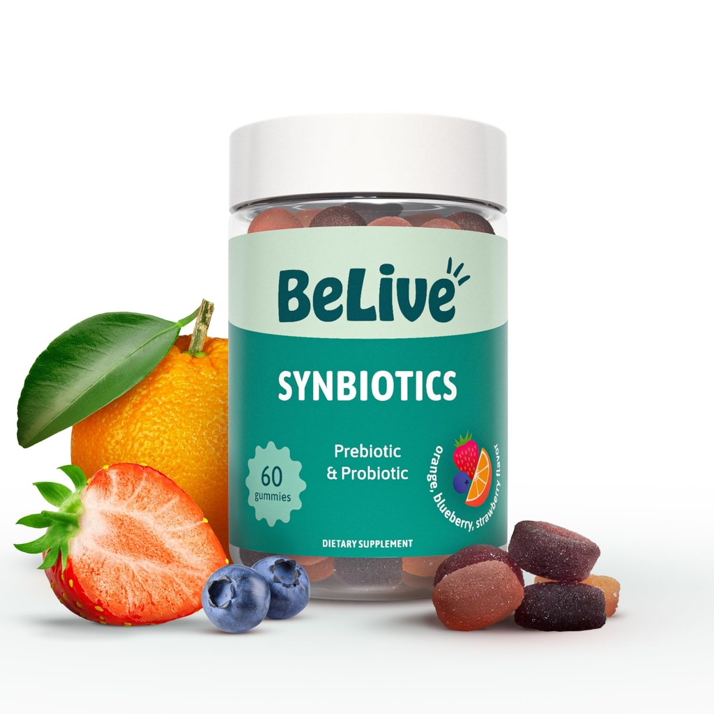BeLive Synbiotics - Probiotyczne i prebiotyczne gumki włókniste - Wysoka wytrzymałość Inulina (3g), Suplement Fiber dietetycznych, Pomocnictwo dla dzieci i dorosłych - Truskawka, Lemon, Blueberry Flavor (60Ct)