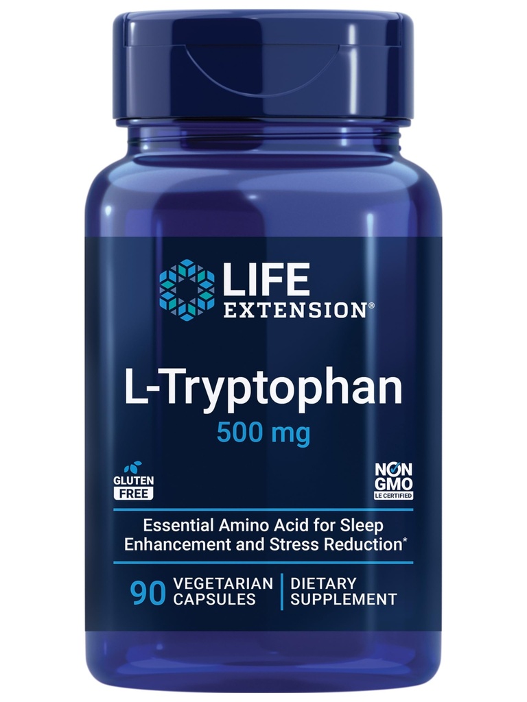 Przedłużenie życia L- Tryptofan, 500 mg, Zachęca do zdrowego poziomu serotoniny i promuje zdrowy sen, nastrojów, Stress Response & Satiety, Gluten- Free, Non-GMO, Wegetarianin, 90 Kapsułki