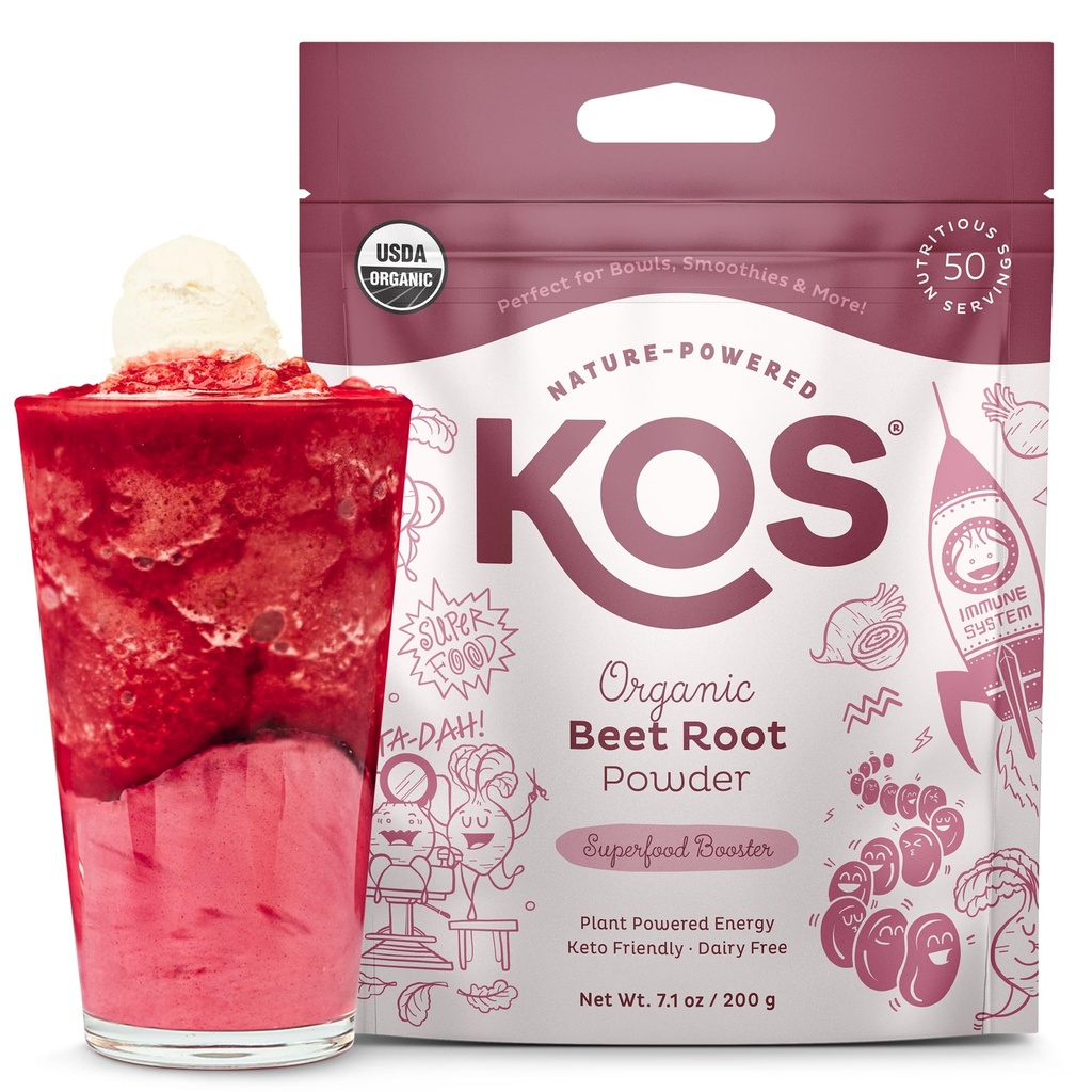KOS Organic Beet Root Powder, USDA Certified - Superfood Plant Based Beetroot Ingredient dla Stamina Rosnąca, Cyfrowy - Non-GMO, Soy & Gluten- Free, 50 Worek Servings