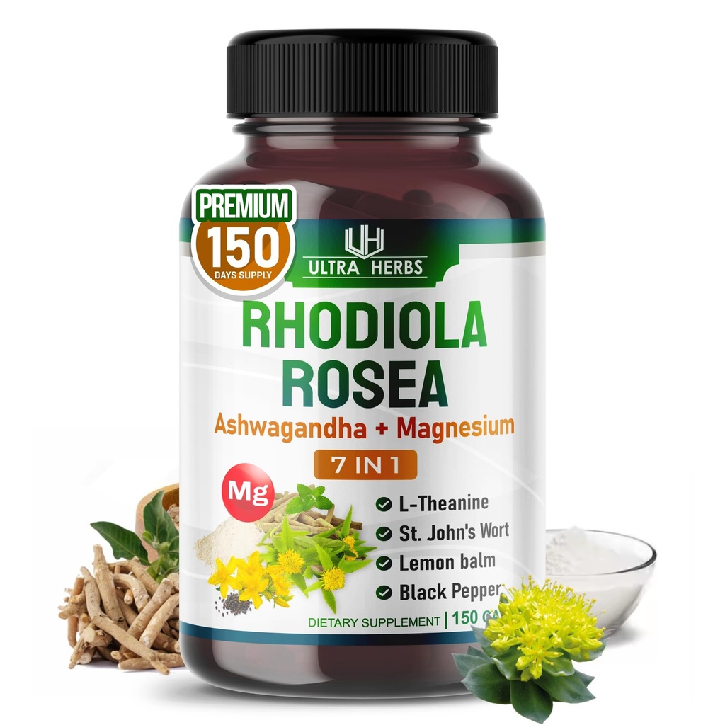 Rhodiola Rosea Suplement wzbogacony Ashwagandha, Magnez, L- Theanine, St. John 's dziurawiec, Lemon Balm - Wsparcie nastroju, Sleeps Jakość, i Mental Focus 124; 150 Kapsułki