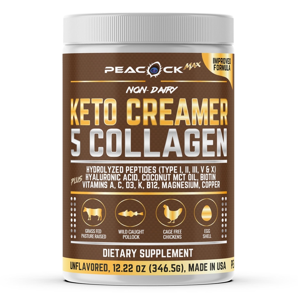 Collagen Keto Coffee Creamer Powder 12.2 oz - Zhydrolizowane Kolagen Peptydy z kokosowym oleju MCT, B12, Magnezu, Niearomatyzowane Białko Proszek, Bezcukrowy Kreamer kawy dla Smoothies & Piekarnictwo