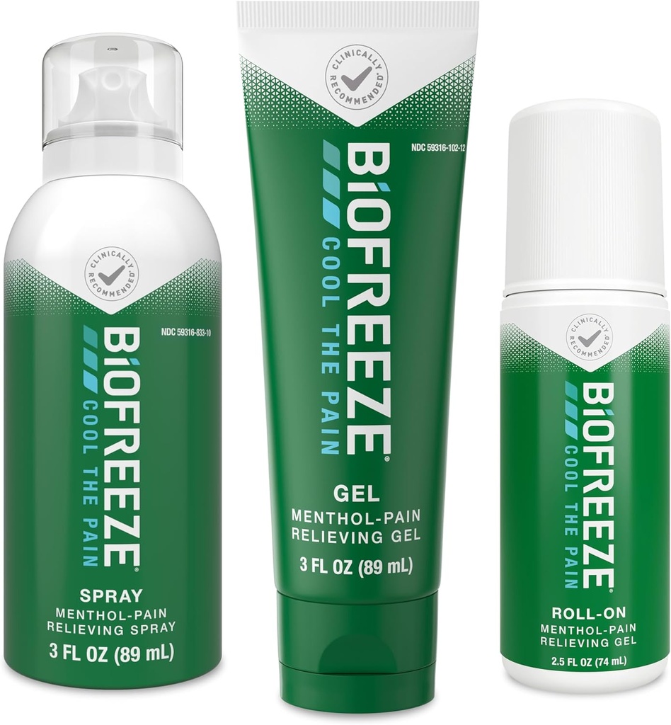 Biofreeze Relief Pain Roll- On 2.5 FL OZ, Gel 3 FL OZ, i spray 3 FL OZ Variety Pack Topical Pack Reliever for Muscles and Joints From Artretis, Backache, Strains, Bruises, sprains (Package May Vary)