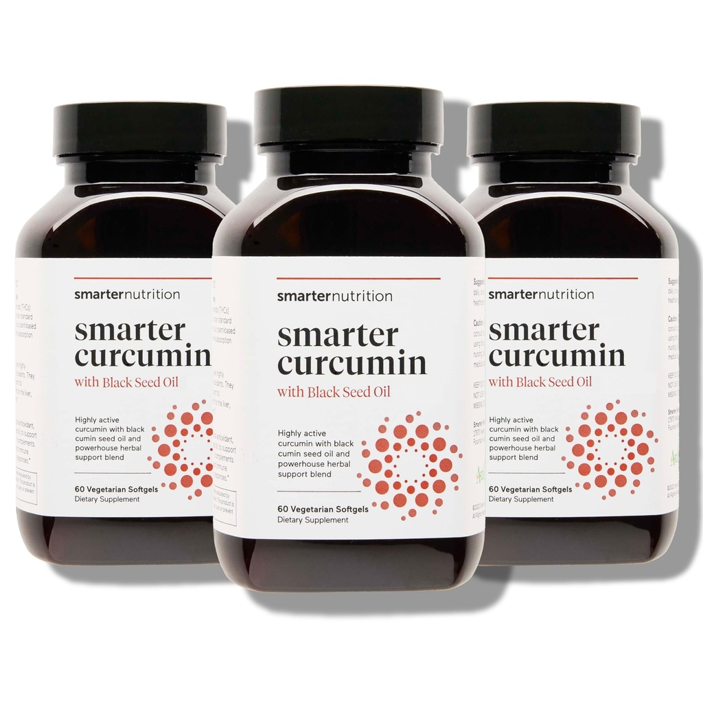 Smarter Nutrition Curcumin Softgels - Wegan Wysoka Absorpcja 400 mg Kurkumina Suplement Standaryzowany do 95% Tetrahydrokurkuminoidy + Czarny olej nasienny i imbir do wspólnego i immunologicznego zdrowia - 180 Ct