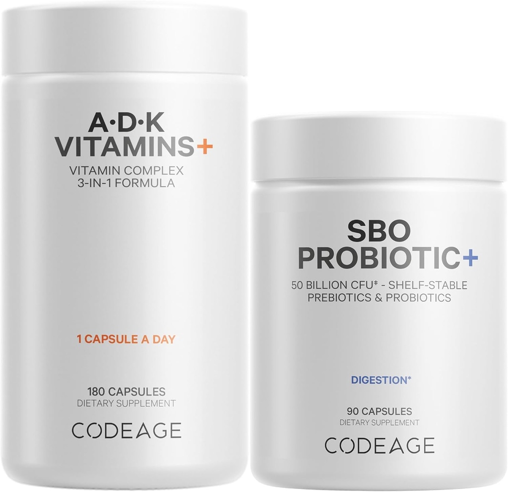 Codeage Daily ADK Witamina i Probiotic Bundle - Witamina A Palmitynian retinylu, Witamina D3 Cholekalcyferol, Witamina K, 50 Miliard CFU SBO Mieszanka probiotyczna, Nie- GMO