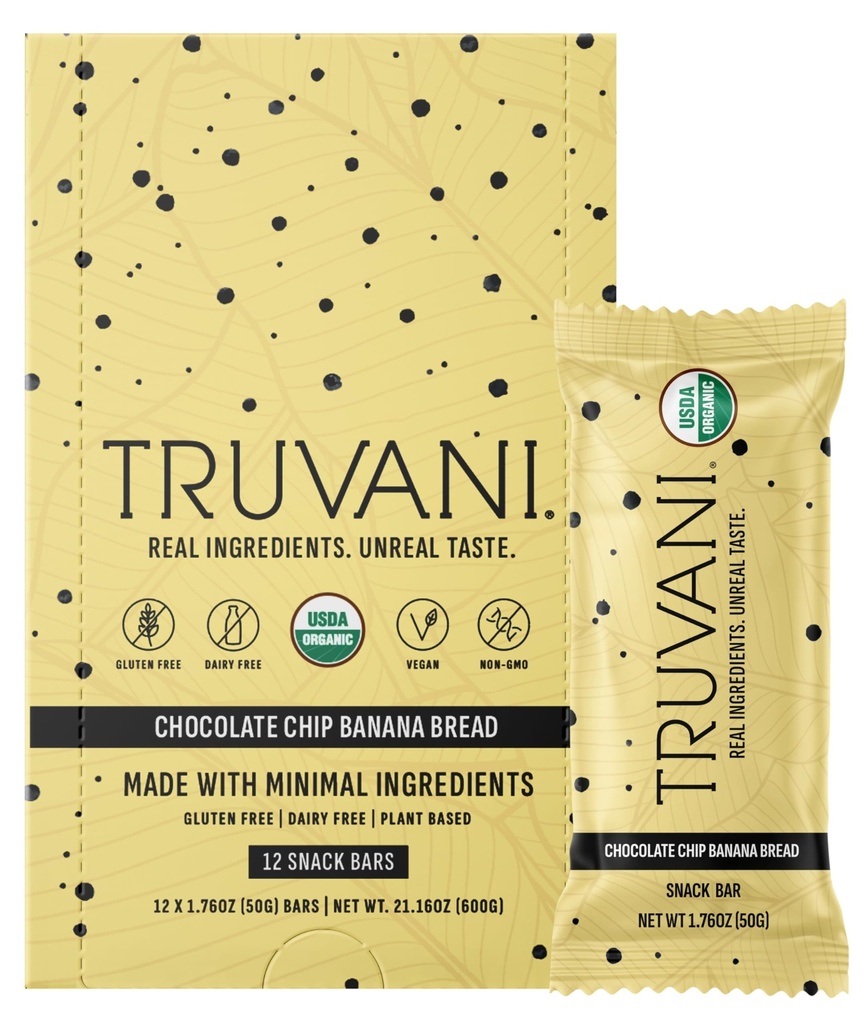 Truvani Plant Based Snack Bars: 124; Czekoladowy Chip Banana Bread 12 Pack: 124; 5g Protein: 124; USDA Organic and Vegan: 124; Jedyny bar: 124; Dairy, Soy i Gluten Free: 124; Indywidualnie zapakowane