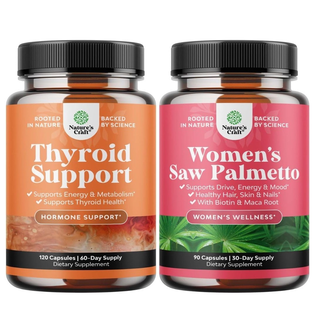 Paleta ziołowych nadnerczy i Tyroid Support Complex - Mood Enhancer Supplement Energy for Thyroid Health and Extra Force Saw Palmetto for Women for Stronger Grubszy Zdrowotny wygląd włosów