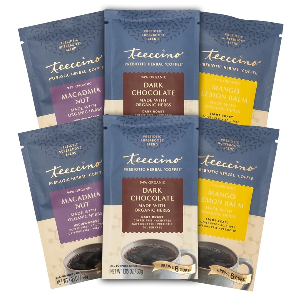 Teeccino Prebiotic SuperBoost ™ Herbal Sampler - 6 Trial- Rozmiar opakowania - Dark Chocolate, Mango Lemon Balm, Macadamia Nut - Prebiotyczne, Kawa wolna od kawy, Alternatywy kawy gruntowej dla dobrego Gut zdrowia