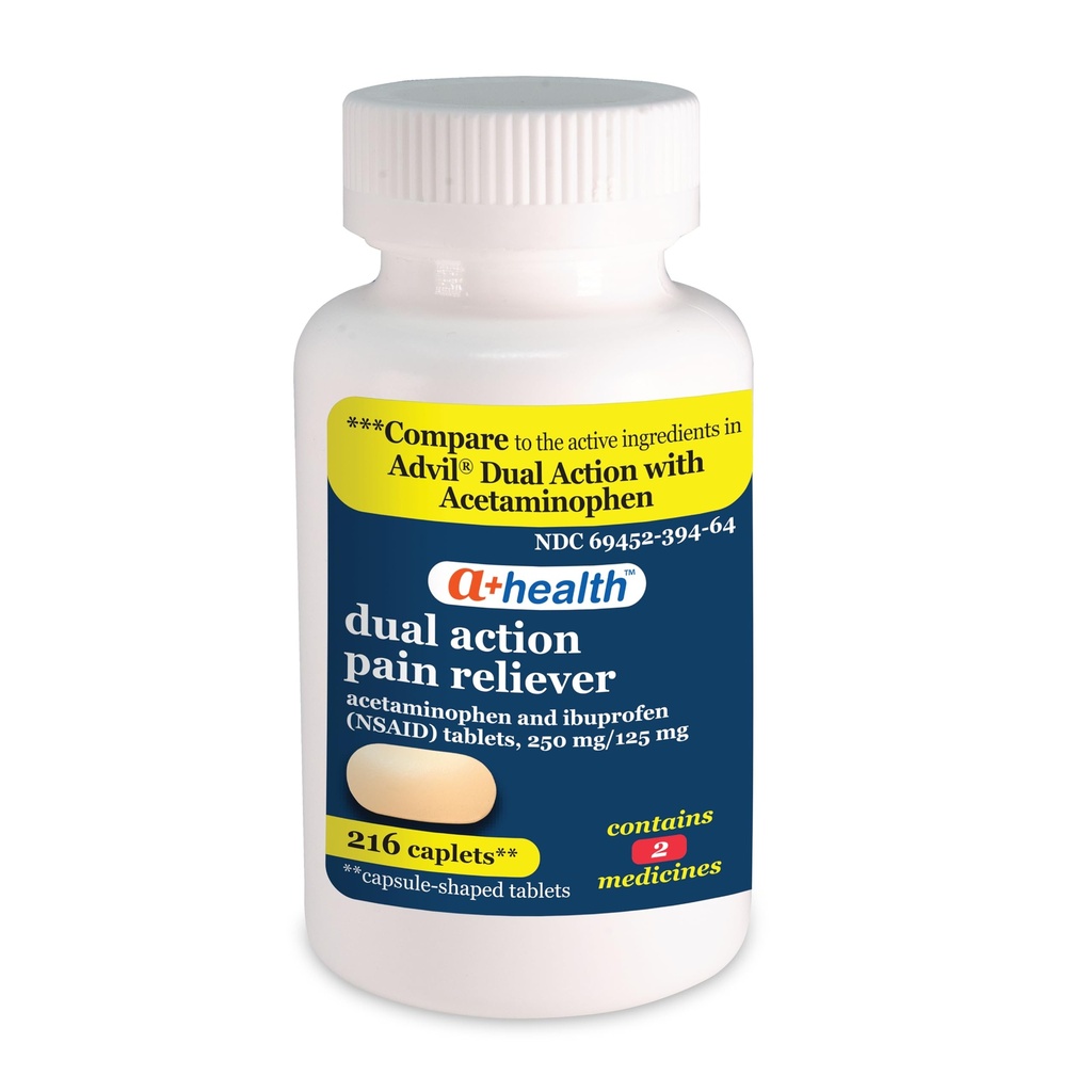 A + Health Dual Action Acetaminofen 250 mg i Ibuprofen (NSAID) 125mg Pain Reliever Caplets, 216 Count