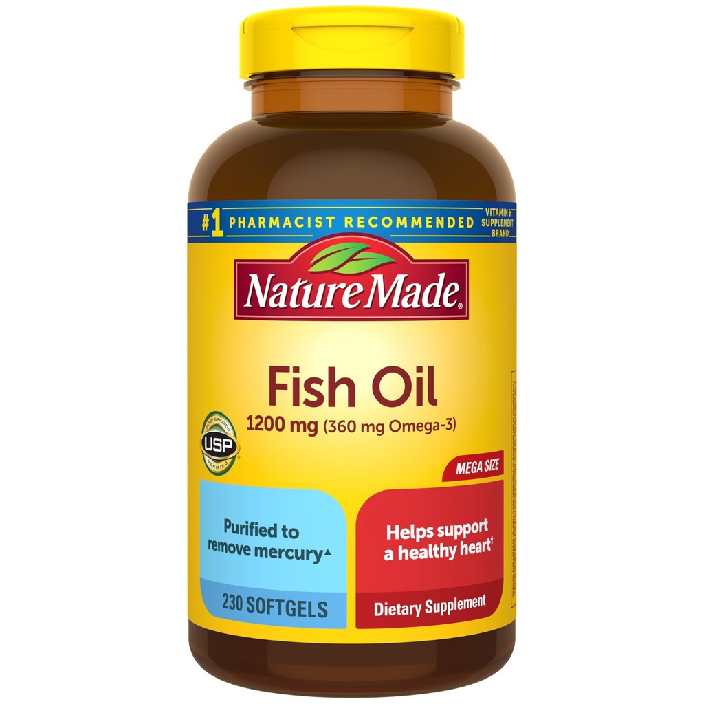 Nature Made Fish Oil Omega 3 Suplementy, 1200 mg Softgels, Omega 3 Fish Oil for Healthy Heart Support, 230 Softgels, 115 Day Supply