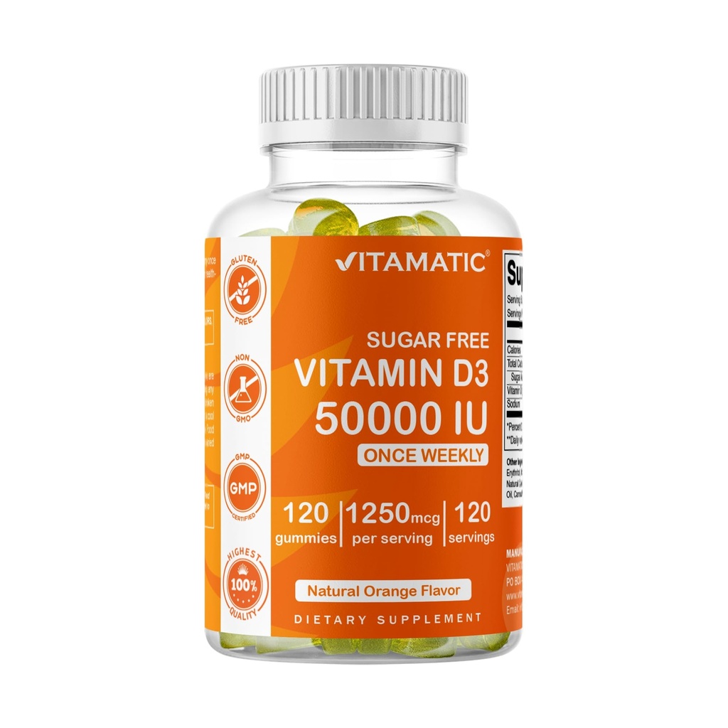 Witamina D3 50 000 j. m. bez witamicznego cukru Suplement tygodniowy - 120 gumek na bazie pektyny - Kapsułki witaminy D dla kości, zębów i wsparcia immunologicznego (50000 j. m.)