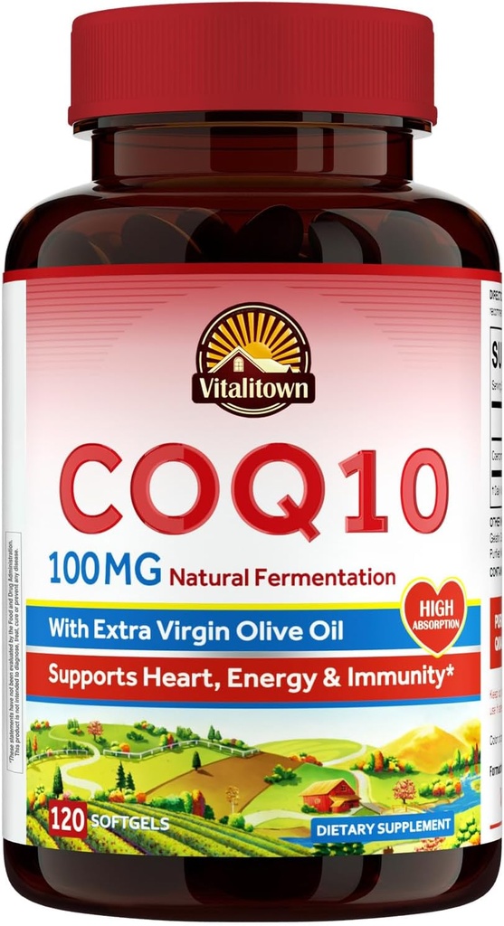 Vitalitown CoQ10 100mg, z Extra Virgin Olive Oil, Maksymalna absorpcja, Coenzym suplement Q10, No gluten, Non-GMO, dla przeciwutleniacza i wsparcia zdrowia serca, 120 Softgels