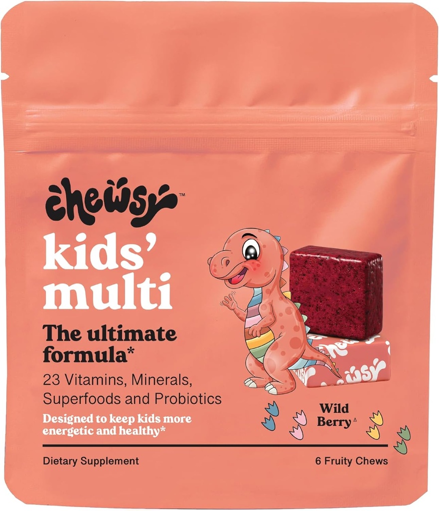 Chewsy Kids 'Multivitamin + Probiotyki + Superfoods Chews, Immune & Digestive Support, Vitamin A, C, D3, E, Cynk, Suplement do żucia dla dzieci, Indywidualnie zapakowane przekąski owocowe, 6- Day Supply (1)