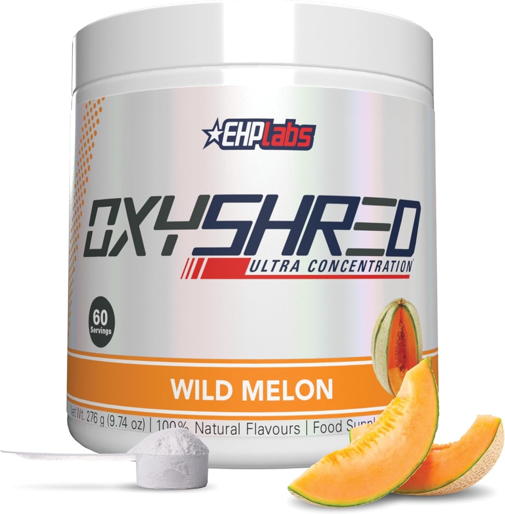 EHP Labs OxyShred przed treningiem proszku i rozdrabniania suplement - Proszek do treningu wstępnego z L Glutamina i Acetyl L Karnityna, Napoje energetyczne Boost - Dziki Melon, 60 Słupki