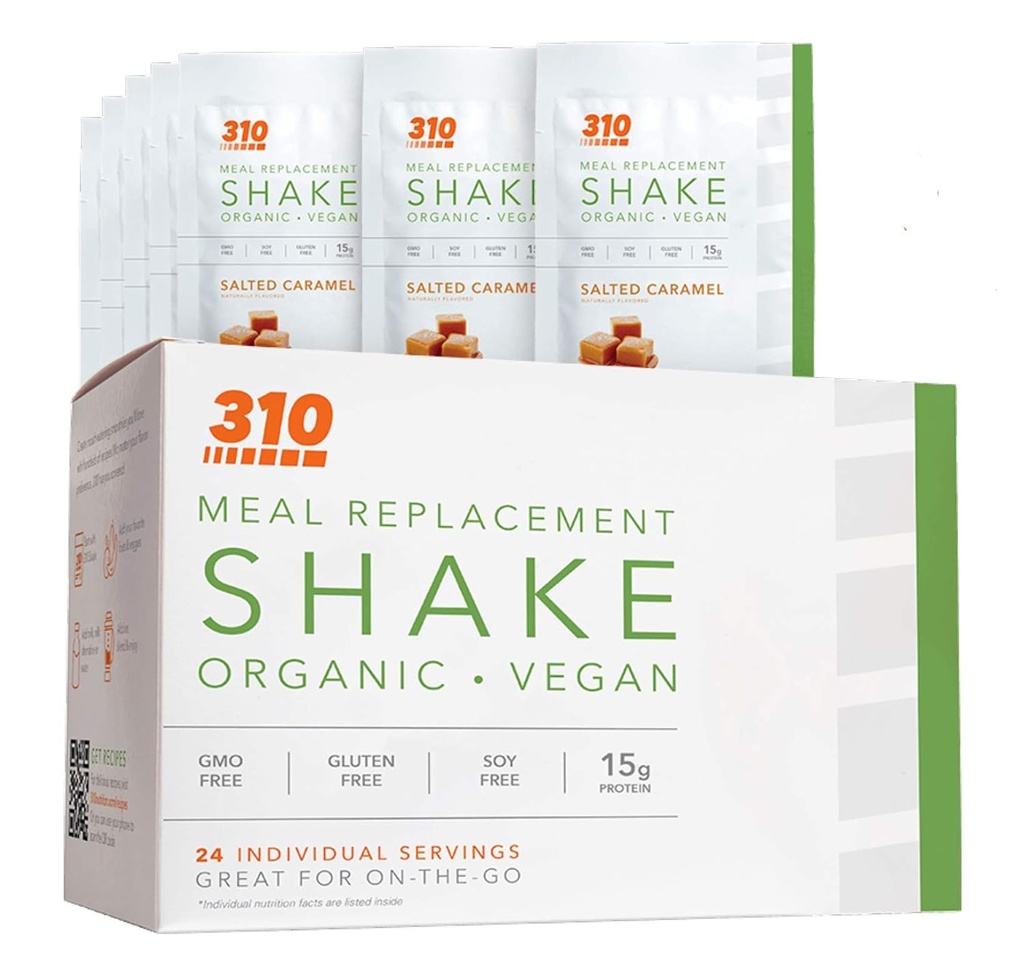 24 CT Organic Shake Box - Vegan Plant Protein Powder and Meal Explacement Shake - By 310 Nutrition - Gluten, Dairy and Soy Free - 0g cukru 124; Keto and Paleo Friendly (Salted Karmel)