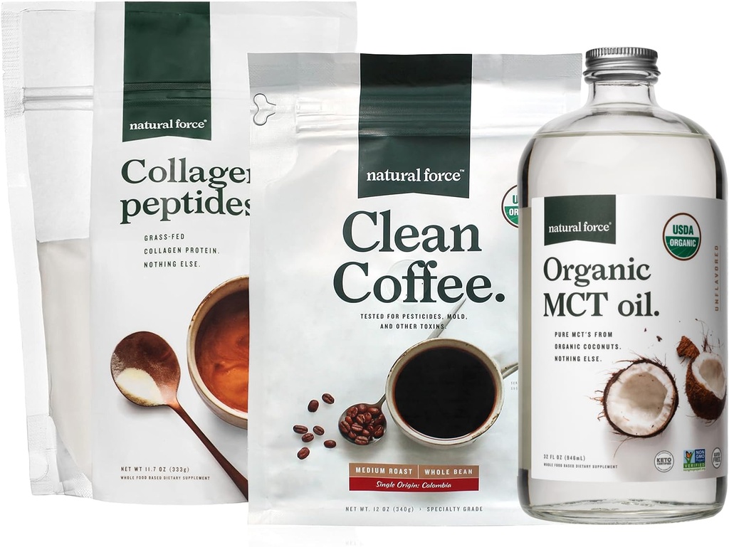 Natural Force Organic Clean Coffee + Collagen Peptydes + Organic MCT Oil Bundle - Toxin Free Coffee, Trawa Fed Collagen, & MCTs - Non-GMO, Keto, & Paleo - 12 Oz, 11.7 Oz, 32 Oz