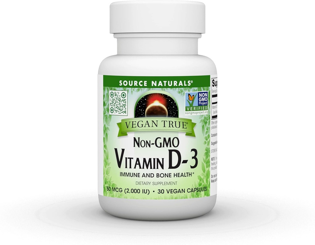 Źródło Naturals Vegan True, Witamina D- 3 niezmodyfikowana genetycznie, Suplement diety dla zdrowia immunologicznego i kości *, 2000 IU - 30 Kapsułki