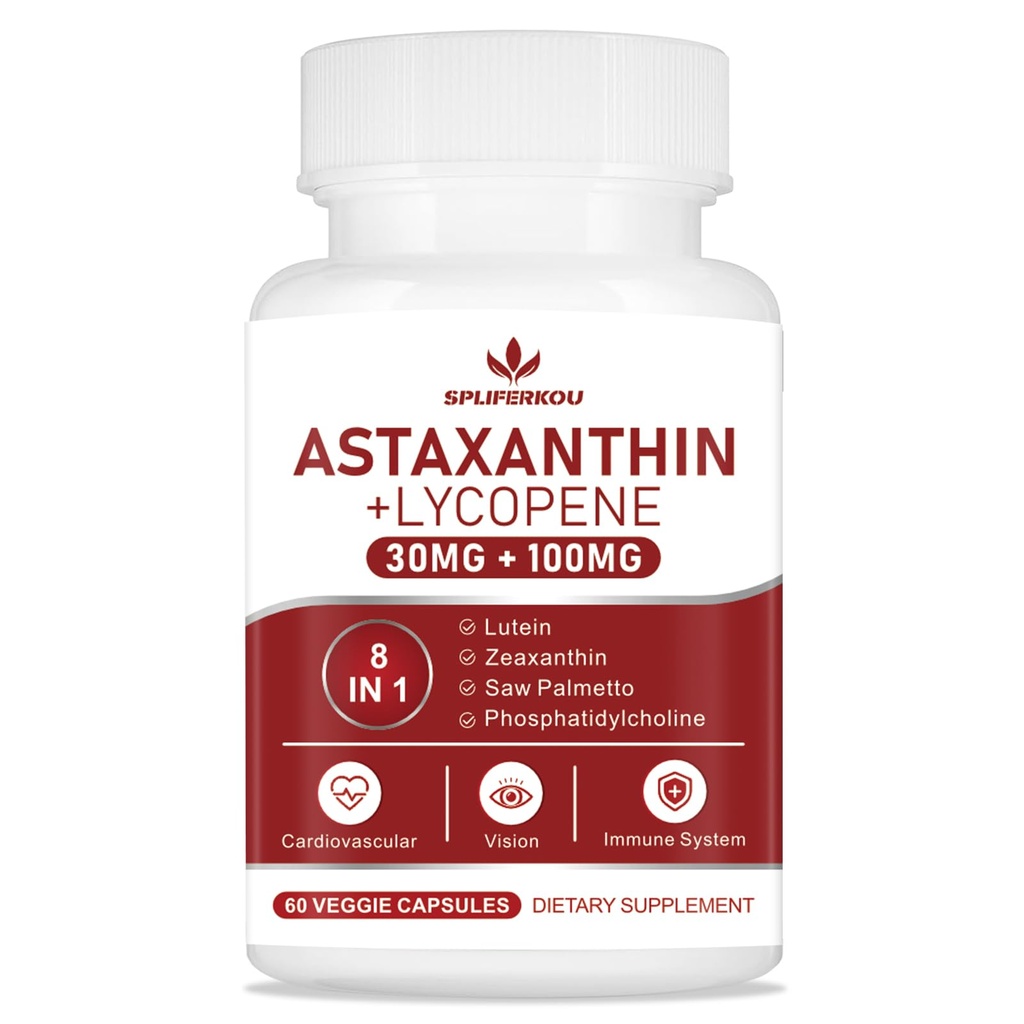 Astaksantyna i likopen 70mg, suplement astaksantyny z fosfatydylocholiną, luteiną i zeaksantyną, potężny suplement przeciwutleniaczy dla skóry, oka i zdrowia stawów (60 kapsułek)