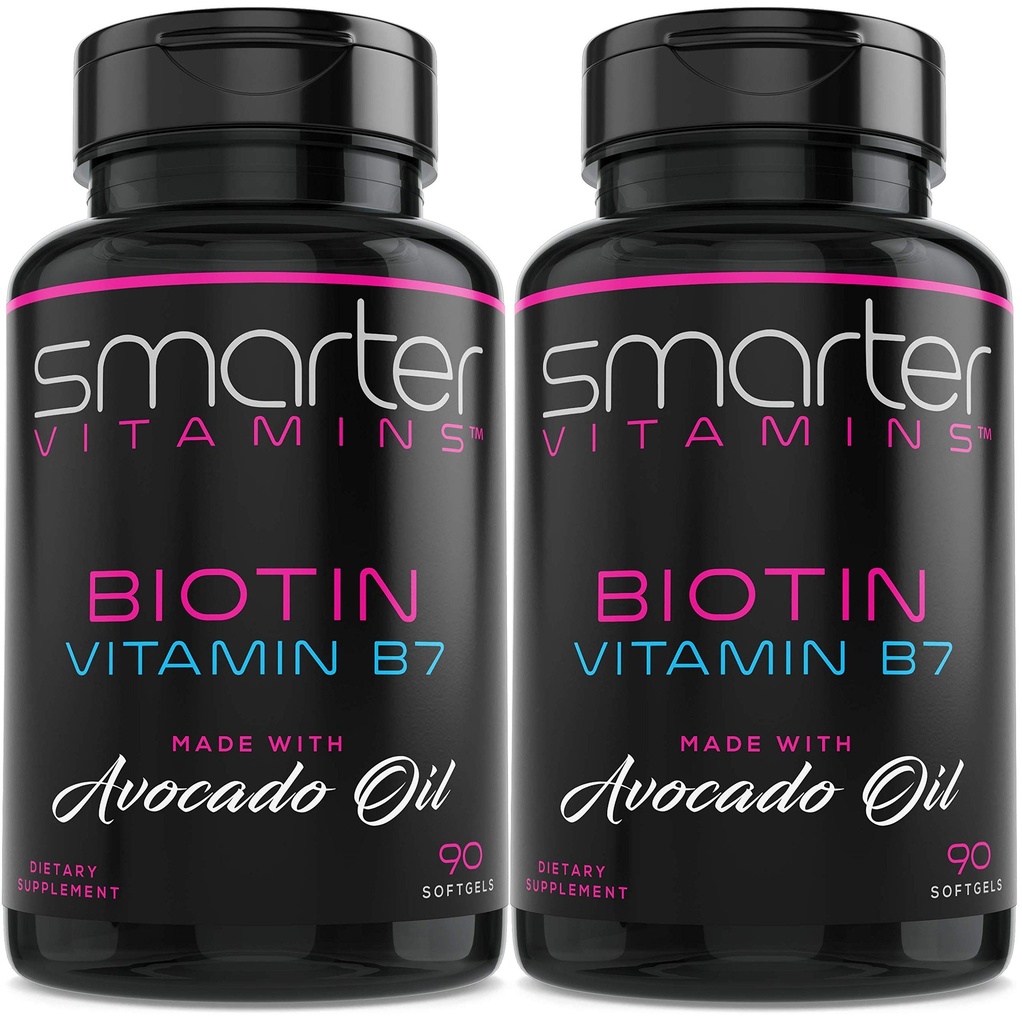 (2 opakowania) Inteligentniejszy Biotin 5000mcg w oleju awokado, Witamina B7, Non-GMO, 90 Mini płynne softgele, No Soy
