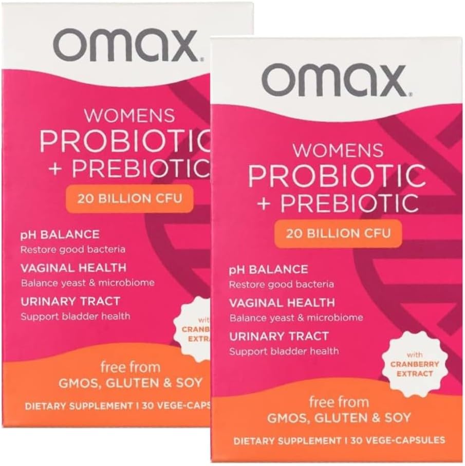2 Opakowania Omax Prebiotyki i Probiotyki Kompleks dla kobiet, pH Równowaga, Zdrowie pochwy, Trakt moczowy, Yeast, UTI / BV Zapobieganie, Bloating pH 20 Miliard CFU 124; Wegan, Organic, Gluten Free, 60 Vege- kapsułki
