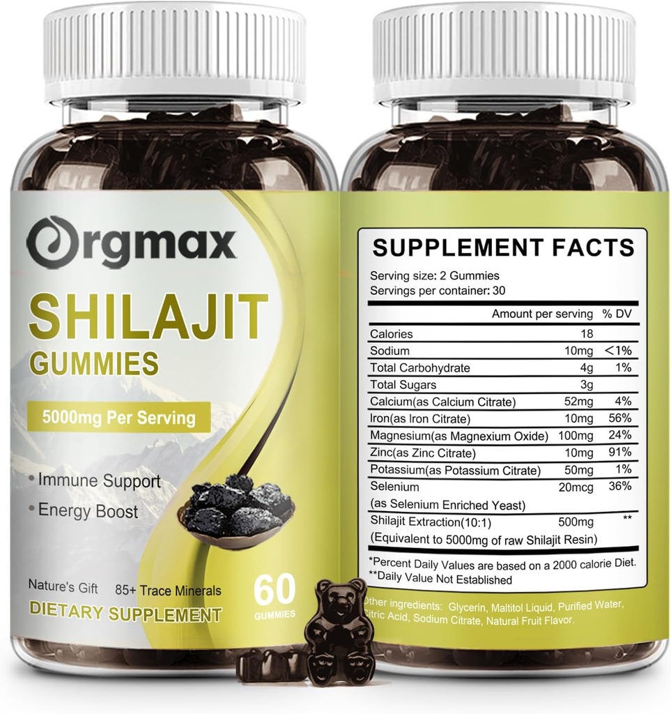 Shilajit Pure Himalayan Organic Shilajit Gummies, 5000MG Suplement Shilajit dla mężczyzn i kobiet z 85 + Minerały śladowe & Kwas Fulvic, Wsparcie dla Focus, Energia & Immunic, Non-GMO Birmingham 124; 60 Hrabia, 2 opakowania