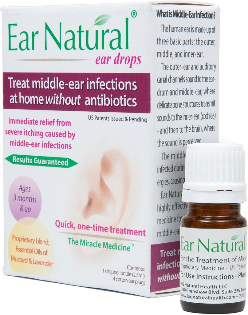 EarNatural ® - Leczenie zakażeń ucha middle-, Earache, Swędzenie - Ulga w mniej niż minutę - w jednym leczeniu - 100% Natural Ingredients, Made in USA - USA Patenty wydane i oczekujące