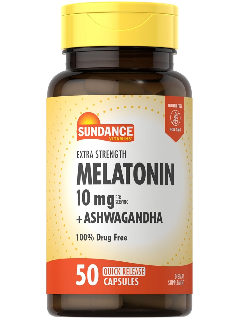 Sundance Melatonin 10mg z Ashwagandha 124; 50 Kapsułki 124; Dodatkowa siła 124; Non- GMO & Gluten suplement wolny