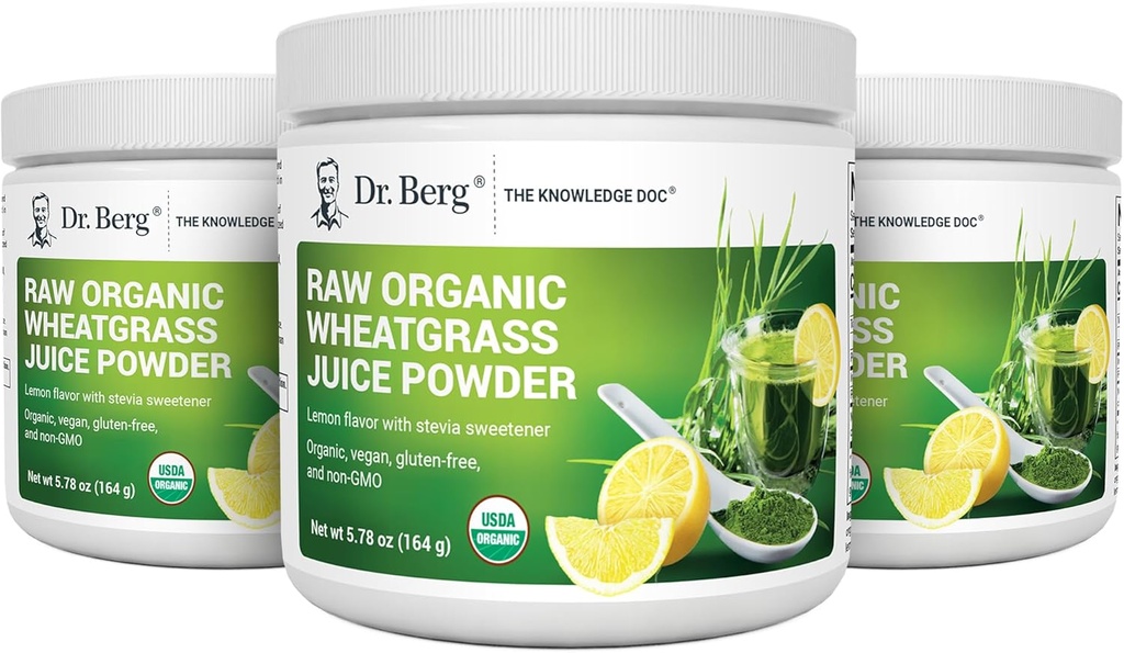 Proszek z surowego soku z trawy Wheatgrass (60 Servings) - USDA Certified Organic Wheatgrass Powder w / Chlorophyll, Minerały śladowe i enzymy naturalne - Ultrakoncentrat - Lemon Flavor w / Stevia 3 Pack