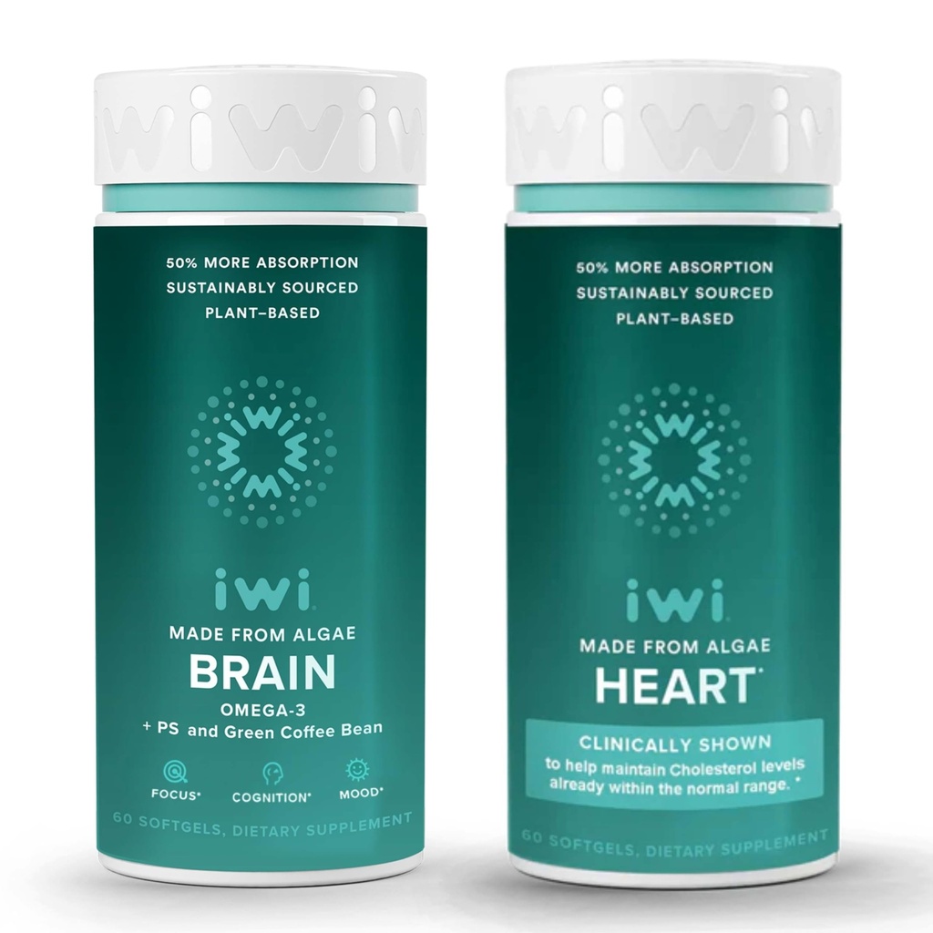 Iwi Life Brain & Heart Omega-3 Bundle, 30 Służenia, Vegan Plant- Algae Omega 3, Kryll & Fish Oil Alternative, No Fishy Aftersmast