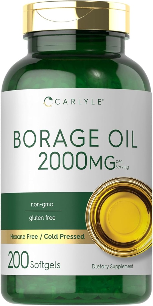 Carlyle Borage Oil Supplement Supplement 124; 2000mg Supplement 124; 200 Softgel Kapsułki Supples 124; 320mg GLA 124; Cold Pressed & Hexane Free 124; Non-GMO & Gluten Free