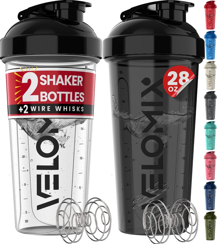 VELOMIX -2 Pack - 28 oz Butelki shaker protein do mieszania białek - 2x Whist Wire Between 124; Puszki shaker do shake protein Shakes 124; Butelka shaker protein (Black / Transparent)